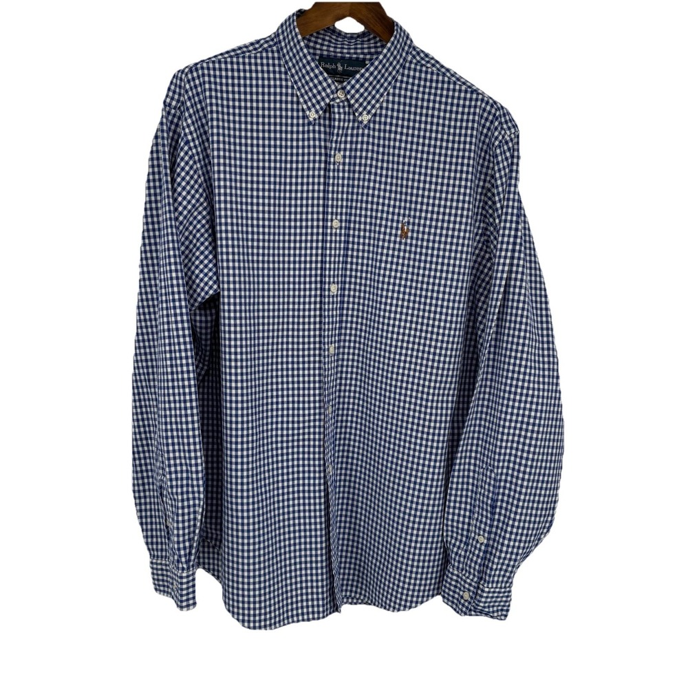 Ralph Lauren Men Button Up Shirt 2XL Blue Gingham Classic Preppy Old Money
